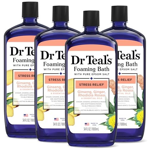 Dr Teal's Foaming Bath with Pure Epsom Salt, Stress Relief with Ginseng & Ginger, 34 fl oz (Pack of 4) Avelisse