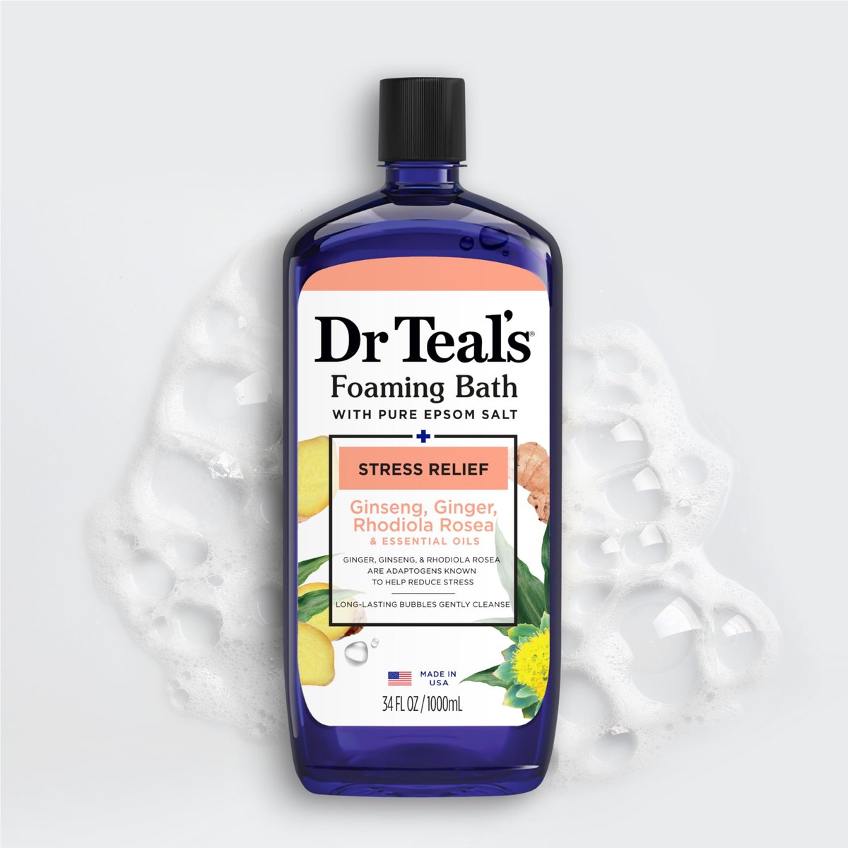 Dr Teal's Foaming Bath with Pure Epsom Salt, Stress Relief with Ginseng & Ginger, 34 fl oz (Pack of 4) Avelisse