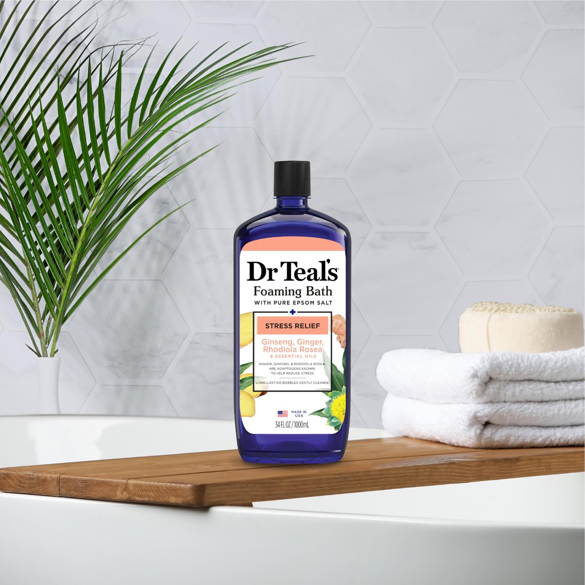 Dr Teal's Foaming Bath with Pure Epsom Salt, Stress Relief with Ginseng & Ginger, 34 fl oz (Pack of 4) Avelisse