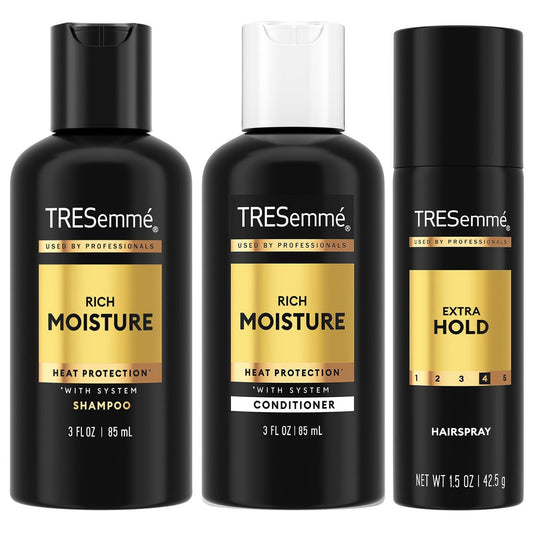 TRESemmé Travel Essentials for Hair Care – Rich Moisture Shampoo, Conditioner & Extra Hold Hairspray for Heat Protection & 24H Frizz Control