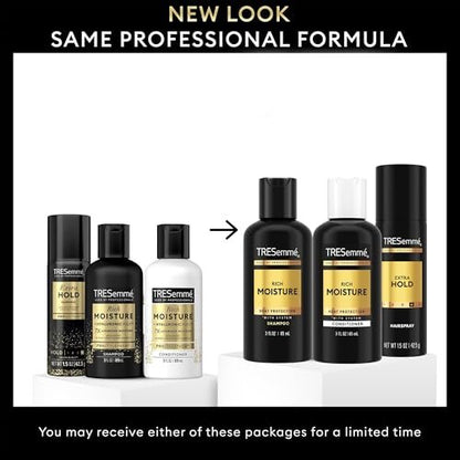 TRESemmé Travel Essentials for Hair Care – Rich Moisture Shampoo, Conditioner & Extra Hold Hairspray for Heat Protection & 24H Frizz Control