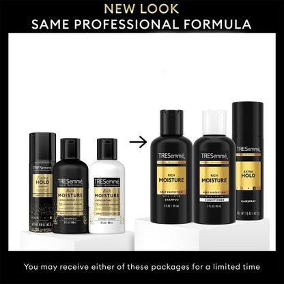 TRESemmé Travel Essentials for Hair Care – Rich Moisture Shampoo, Conditioner & Extra Hold Hairspray for Heat Protection & 24H Frizz Control