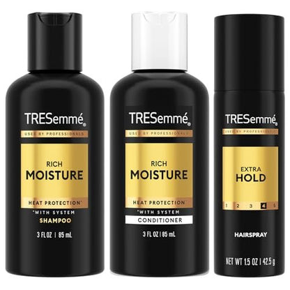 TRESemmé Travel Essentials for Hair Care – Rich Moisture Shampoo, Conditioner & Extra Hold Hairspray for Heat Protection & 24H Frizz Control
