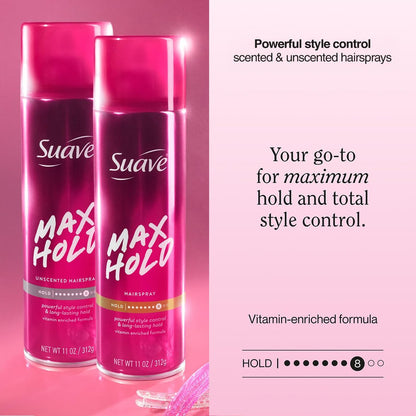 Suave Max Hold Hairspray Variety 2-Pack - Unscented & Scented, 11 oz Each - Strong Hold Aerosol Hairspray