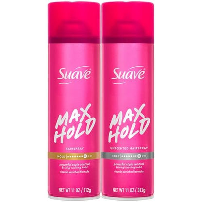 Suave Max Hold Hairspray Variety 2-Pack - Unscented & Scented, 11 oz Each - Strong Hold Aerosol Hairspray