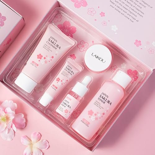 Sakura Skincare Kit for Teenage Girls & Women – 5-Piece Facial Travel Set with Cleanser, Toner, Serum, Eye Cream, Face Cream Avelisse