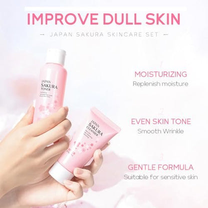 Sakura Skincare Kit for Teenage Girls & Women – 5-Piece Facial Travel Set with Cleanser, Toner, Serum, Eye Cream, Face Cream Avelisse