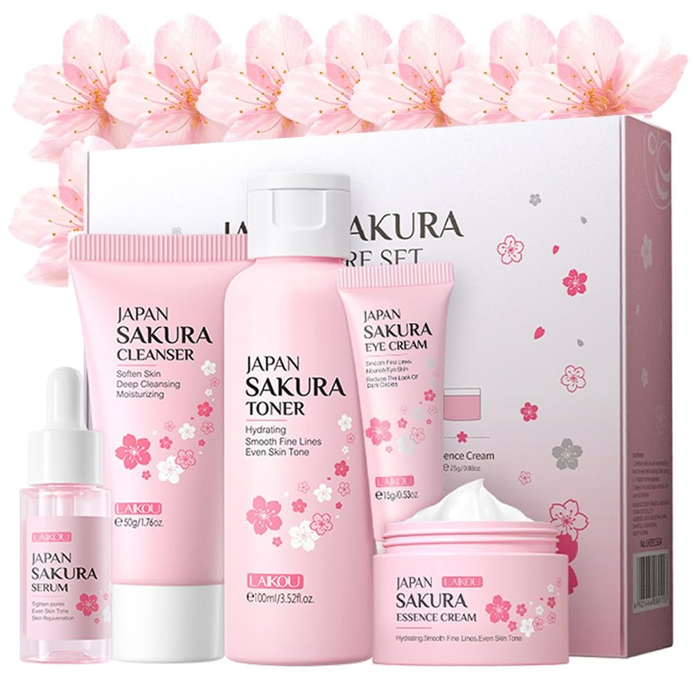 Sakura Skincare Kit for Teenage Girls & Women – 5-Piece Facial Travel Set with Cleanser, Toner, Serum, Eye Cream, Face Cream Avelisse