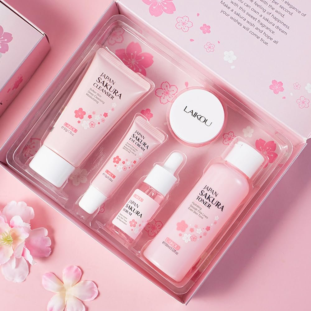Sakura Skincare Kit for Teenage Girls & Women – 5-Piece Facial Travel Set with Cleanser, Toner, Serum, Eye Cream, Face Cream Avelisse