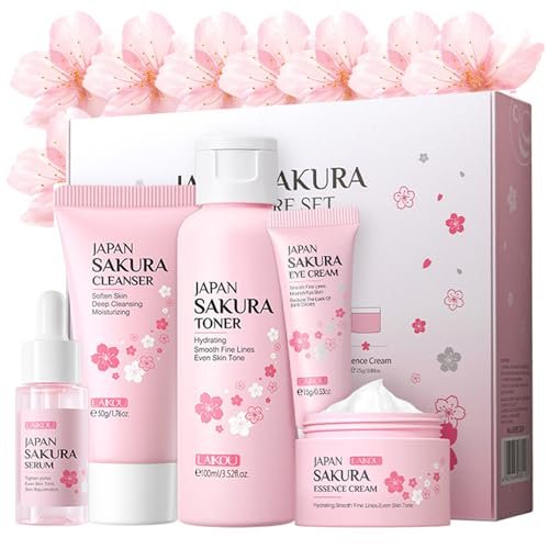 Sakura Skincare Kit for Teenage Girls & Women – 5-Piece Facial Travel Set with Cleanser, Toner, Serum, Eye Cream, Face Cream Avelisse
