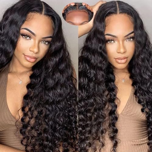 Bugtum Glueless Wig Human Hair Pre Plucked Pre Cut 5x5 HD Lace Closure Wear and Go Deep Wave Curly Lace Front Wig for Black Women Wet and Wavy Natural Hairline (24 Inch, Natural Black) - görsel 2