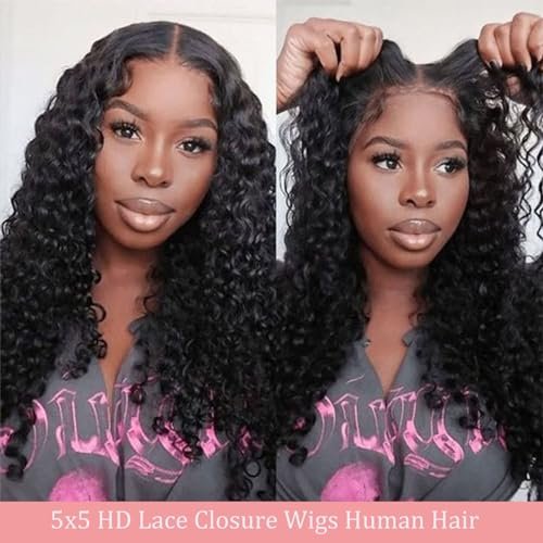 Bugtum Glueless Wig Human Hair Pre Plucked Pre Cut 5x5 HD Lace Closure Wear and Go Deep Wave Curly Lace Front Wig for Black Women Wet and Wavy Natural Hairline (24 Inch, Natural Black) - görsel 4