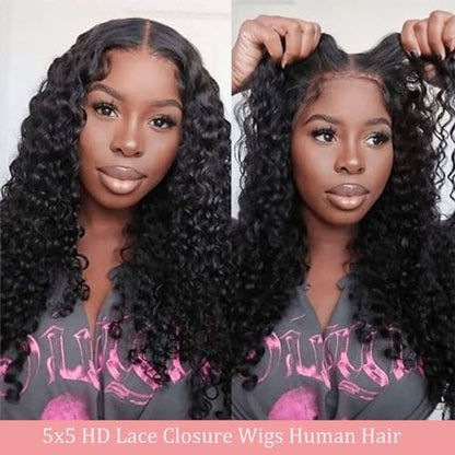 Bugtum Glueless Wig Human Hair Pre Plucked Pre Cut 5x5 HD Lace Closure Wear and Go Deep Wave Curly Lace Front Wig for Black Women Wet and Wavy Natural Hairline (24 Inch, Natural Black)