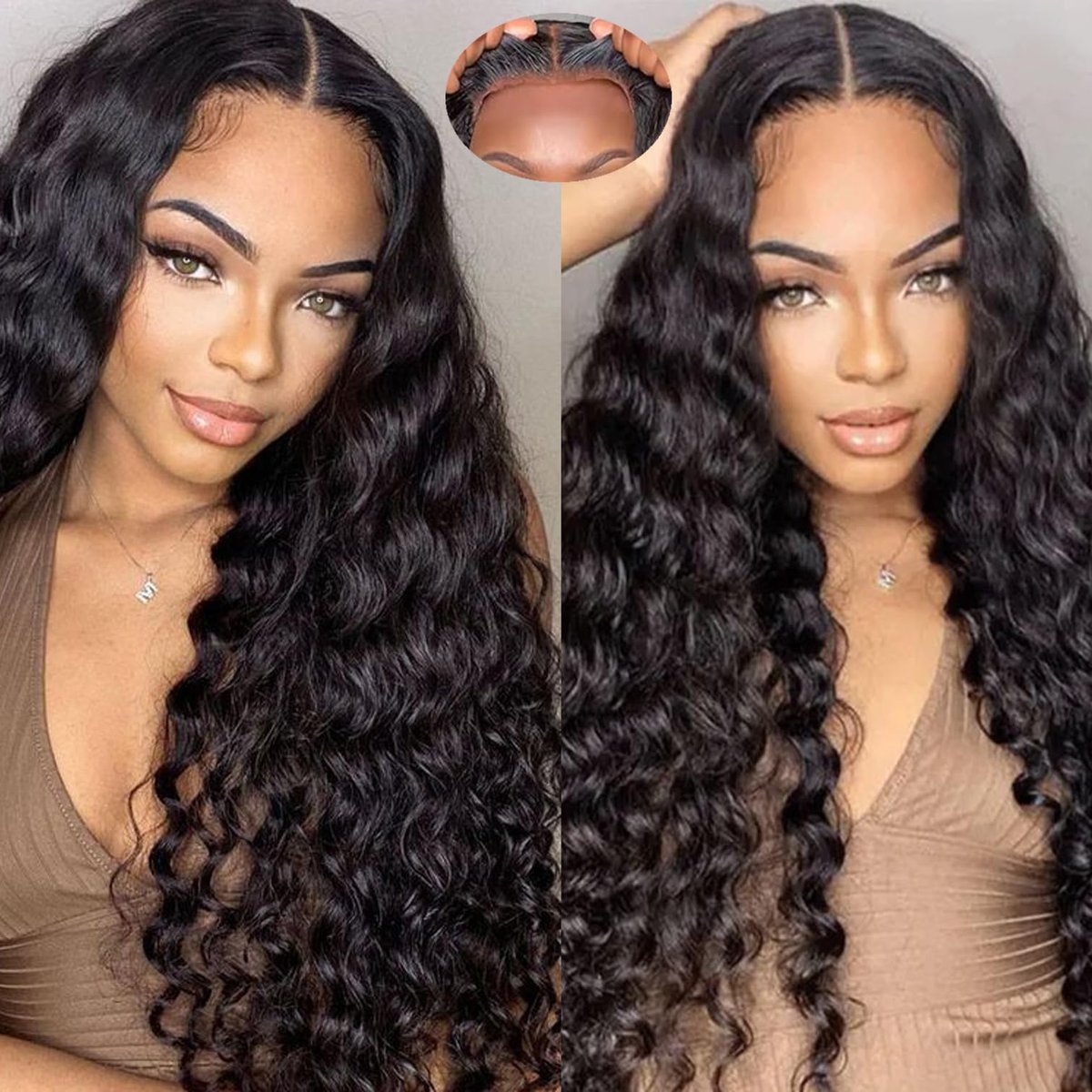 Bugtum Glueless Wig Human Hair Pre Plucked Pre Cut 5x5 HD Lace Closure Wear and Go Deep Wave Curly Lace Front Wig for Black Women Wet and Wavy Natural Hairline (24 Inch, Natural Black) - görsel 1