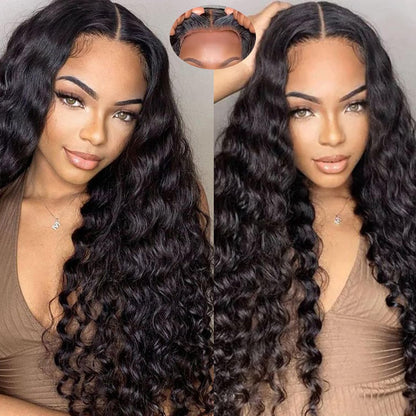 Bugtum Glueless Wig Human Hair Pre Plucked Pre Cut 5x5 HD Lace Closure Wear and Go Deep Wave Curly Lace Front Wig for Black Women Wet and Wavy Natural Hairline (24 Inch, Natural Black)