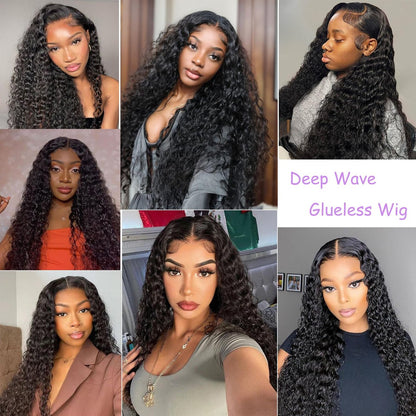 Bugtum Glueless Wig Human Hair Pre Plucked Pre Cut 5x5 HD Lace Closure Wear and Go Deep Wave Curly Lace Front Wig for Black Women Wet and Wavy Natural Hairline (24 Inch, Natural Black)