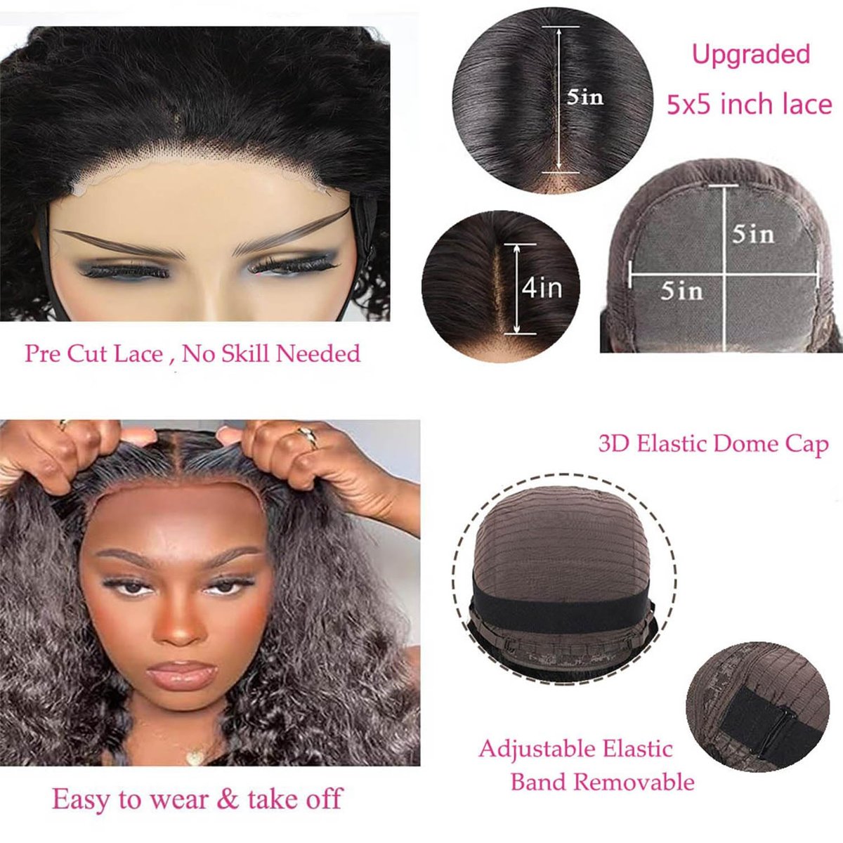 Bugtum Glueless Wig Human Hair Pre Plucked Pre Cut 5x5 HD Lace Closure Wear and Go Deep Wave Curly Lace Front Wig for Black Women Wet and Wavy Natural Hairline (24 Inch, Natural Black) - görsel 5
