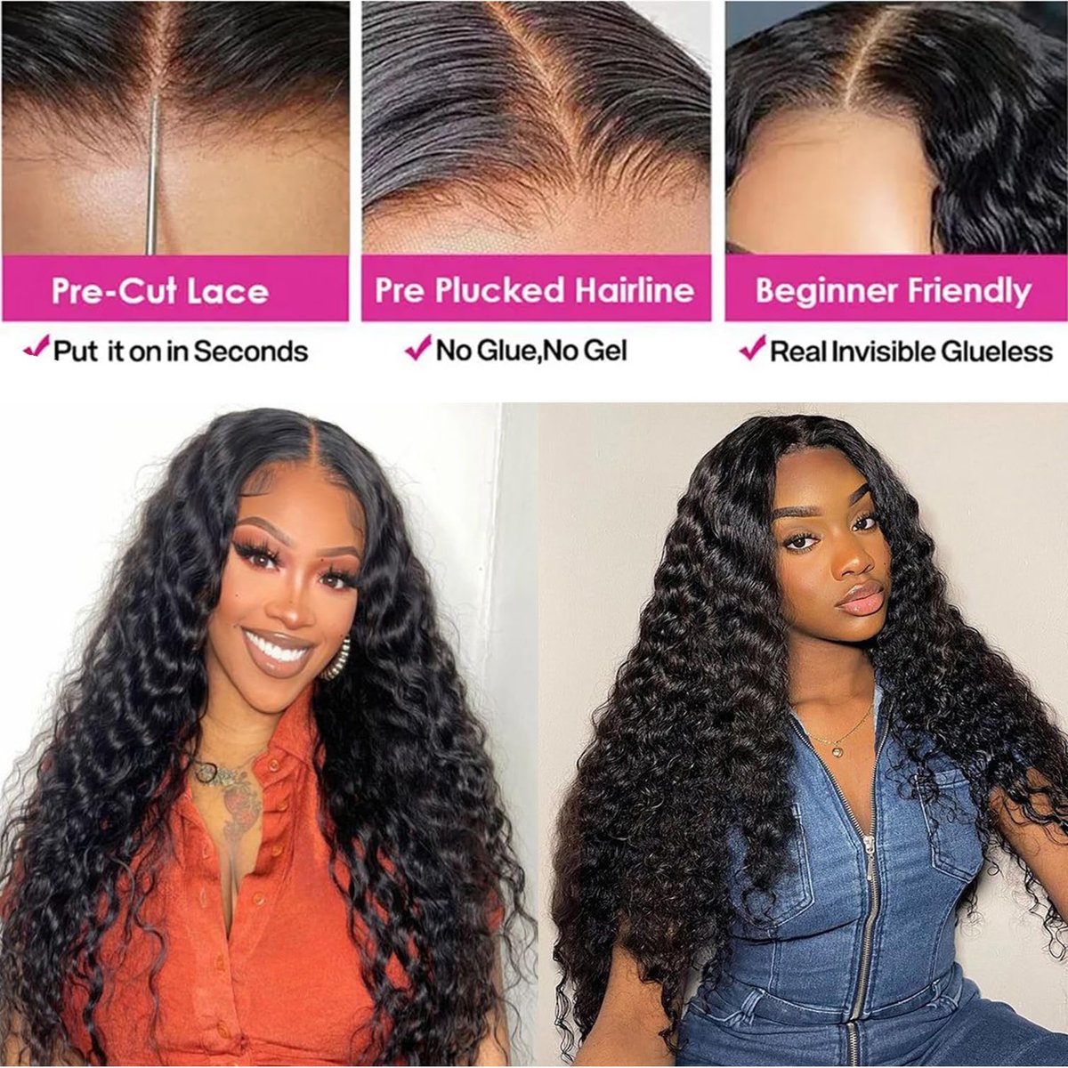 Bugtum Glueless Wig Human Hair Pre Plucked Pre Cut 5x5 HD Lace Closure Wear and Go Deep Wave Curly Lace Front Wig for Black Women Wet and Wavy Natural Hairline (24 Inch, Natural Black) - görsel 7