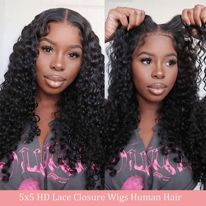 Bugtum Glueless Wig Human Hair Pre Plucked Pre Cut 5x5 HD Lace Closure Wear and Go Deep Wave Curly Lace Front Wig for Black Women Wet and Wavy Natural Hairline (24 Inch, Natural Black)