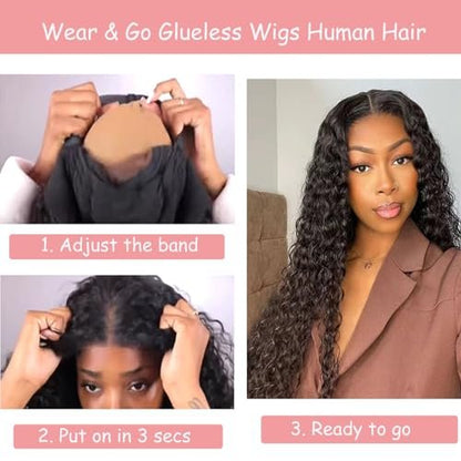 Bugtum Glueless Wig Human Hair Pre Plucked Pre Cut 5x5 HD Lace Closure Wear and Go Deep Wave Curly Lace Front Wig for Black Women Wet and Wavy Natural Hairline (24 Inch, Natural Black)