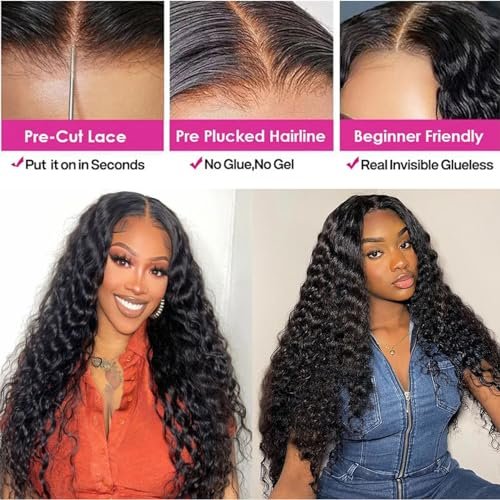 Bugtum Glueless Wig Human Hair Pre Plucked Pre Cut 5x5 HD Lace Closure Wear and Go Deep Wave Curly Lace Front Wig for Black Women Wet and Wavy Natural Hairline (24 Inch, Natural Black) - görsel 8