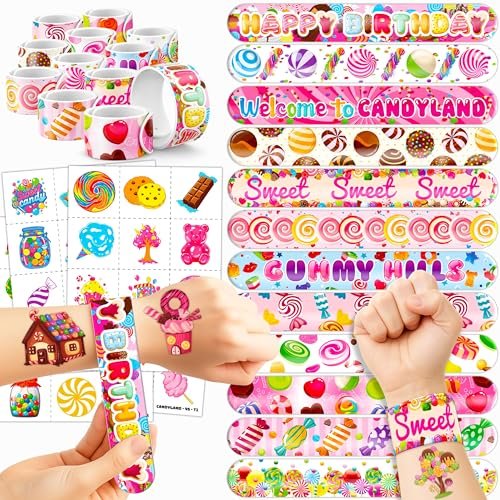 72 PCS Candyland Party Set: 48 Temporary Tattoos & 24 Slap Bracelets – Fun Candy Themed Birthday Supplies, Baby Shower Gifts, Classroom Rewards & Party Decorations for Kids