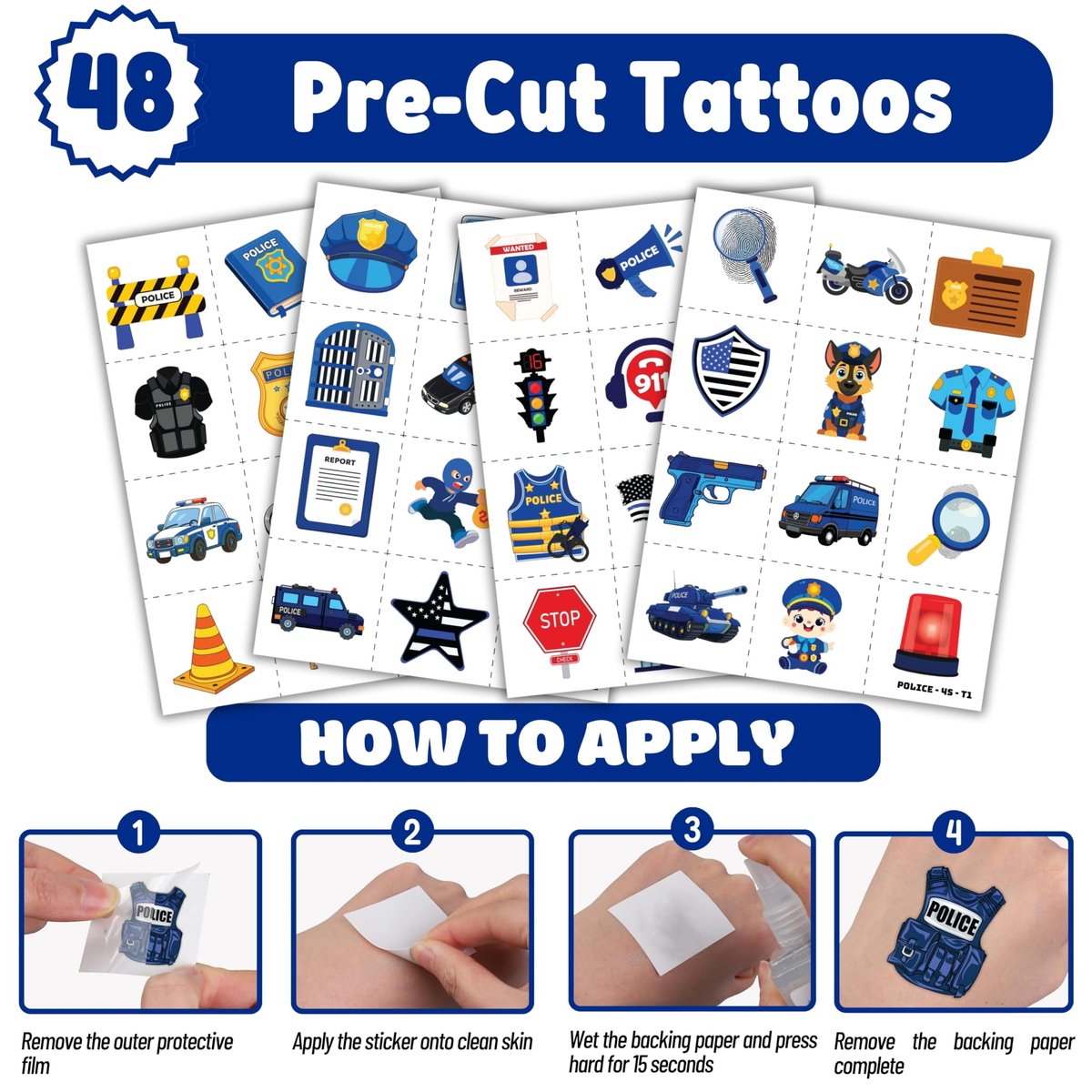 Cherisnowy 72-Piece Police Party Set: 48 Temporary Tattoos & 24 Slap Bracelets – Law Enforcement Birthday Supplies, Baby Shower Gifts, Classroom Rewards for Kids - görsel 11