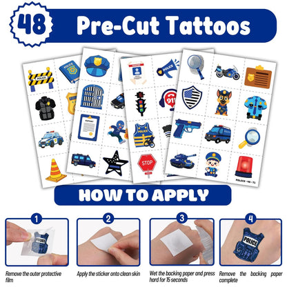 Cherisnowy 72-Piece Police Party Set: 48 Temporary Tattoos & 24 Slap Bracelets – Law Enforcement Birthday Supplies, Baby Shower Gifts, Classroom Rewards for Kids