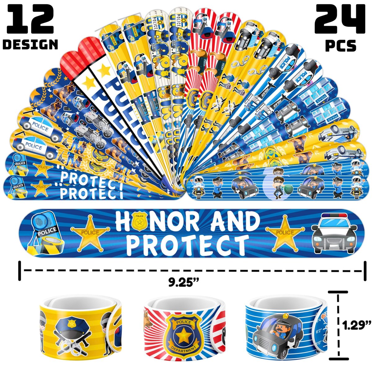 Cherisnowy 72-Piece Police Party Set: 48 Temporary Tattoos & 24 Slap Bracelets – Law Enforcement Birthday Supplies, Baby Shower Gifts, Classroom Rewards for Kids - görsel 7