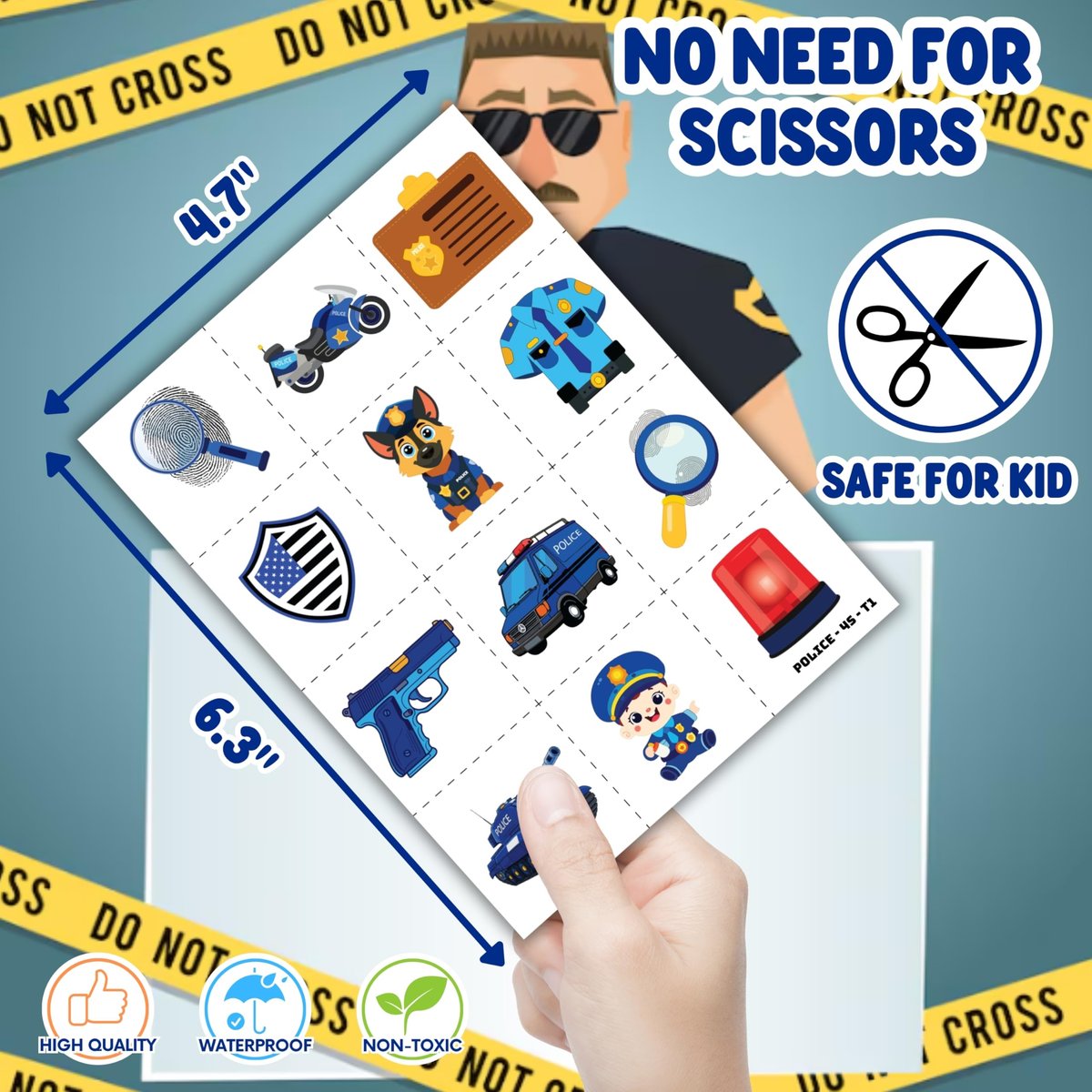 Cherisnowy 72-Piece Police Party Set: 48 Temporary Tattoos & 24 Slap Bracelets – Law Enforcement Birthday Supplies, Baby Shower Gifts, Classroom Rewards for Kids - görsel 13