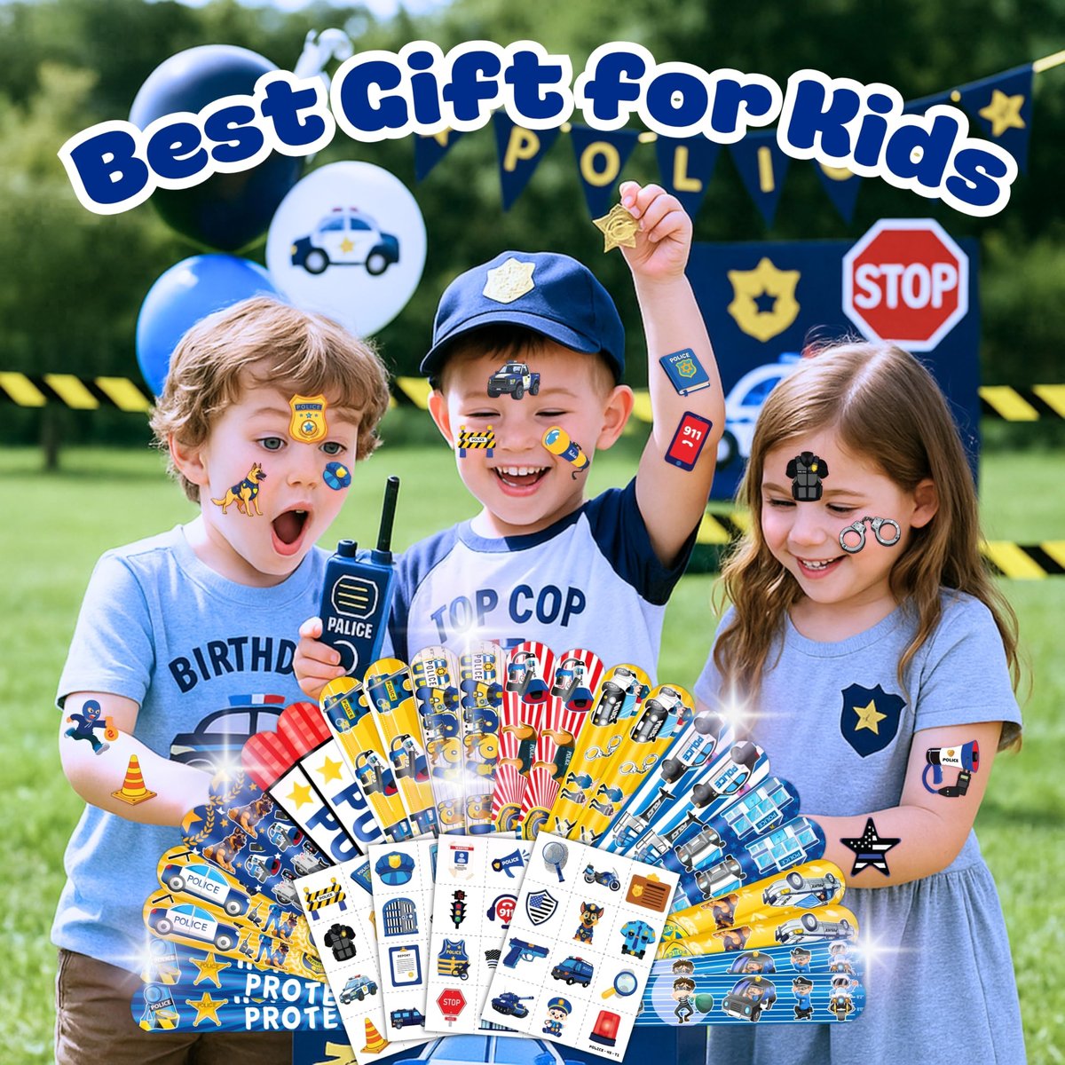 Cherisnowy 72-Piece Police Party Set: 48 Temporary Tattoos & 24 Slap Bracelets – Law Enforcement Birthday Supplies, Baby Shower Gifts, Classroom Rewards for Kids - görsel 3