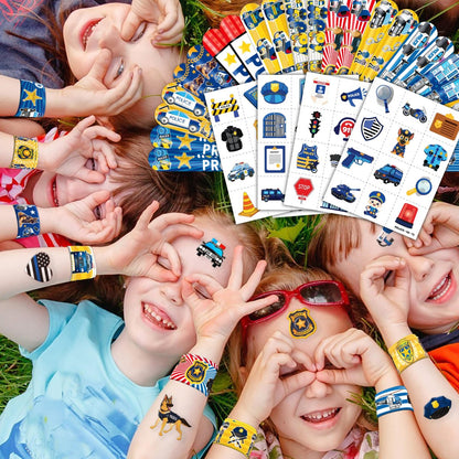 Cherisnowy 72-Piece Police Party Set: 48 Temporary Tattoos & 24 Slap Bracelets – Law Enforcement Birthday Supplies, Baby Shower Gifts, Classroom Rewards for Kids