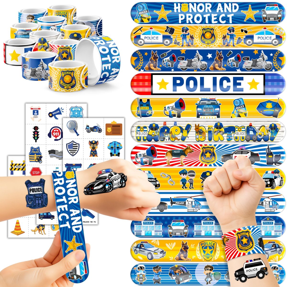 Cherisnowy 72-Piece Police Party Set: 48 Temporary Tattoos & 24 Slap Bracelets – Law Enforcement Birthday Supplies, Baby Shower Gifts, Classroom Rewards for Kids - görsel 1