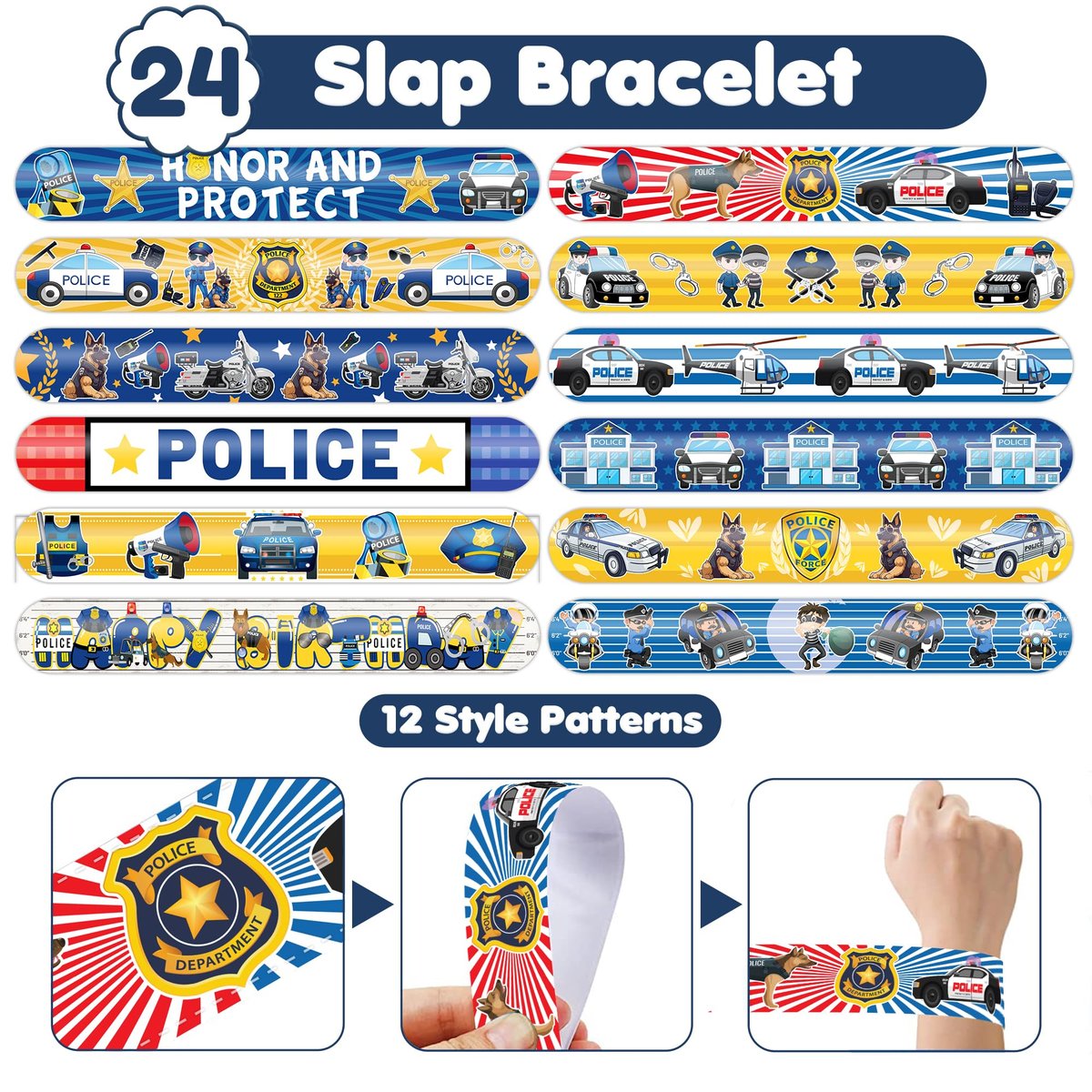 Cherisnowy 72-Piece Police Party Set: 48 Temporary Tattoos & 24 Slap Bracelets – Law Enforcement Birthday Supplies, Baby Shower Gifts, Classroom Rewards for Kids - görsel 9