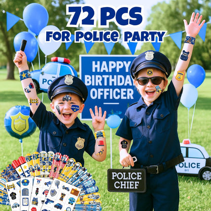Cherisnowy 72-Piece Police Party Set: 48 Temporary Tattoos & 24 Slap Bracelets – Law Enforcement Birthday Supplies, Baby Shower Gifts, Classroom Rewards for Kids