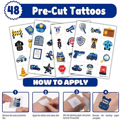 Cherisnowy 72-Piece Police Party Set: 48 Temporary Tattoos & 24 Slap Bracelets – Law Enforcement Birthday Supplies, Baby Shower Gifts, Classroom Rewards for Kids - görsel 12