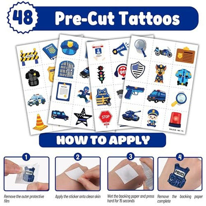 Cherisnowy 72-Piece Police Party Set: 48 Temporary Tattoos & 24 Slap Bracelets – Law Enforcement Birthday Supplies, Baby Shower Gifts, Classroom Rewards for Kids