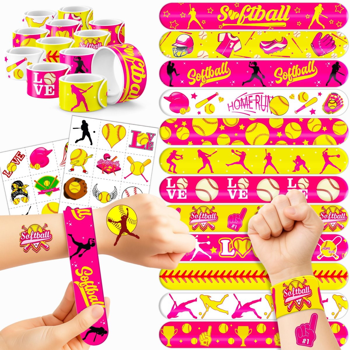 Cherisnowy 72-Piece Softball Party Set: Temporary Tattoos & Slap Bracelets for Sports-Themed Birthday, Baby Shower, Classroom Rewards, and Party Decor for Kids - görsel 1