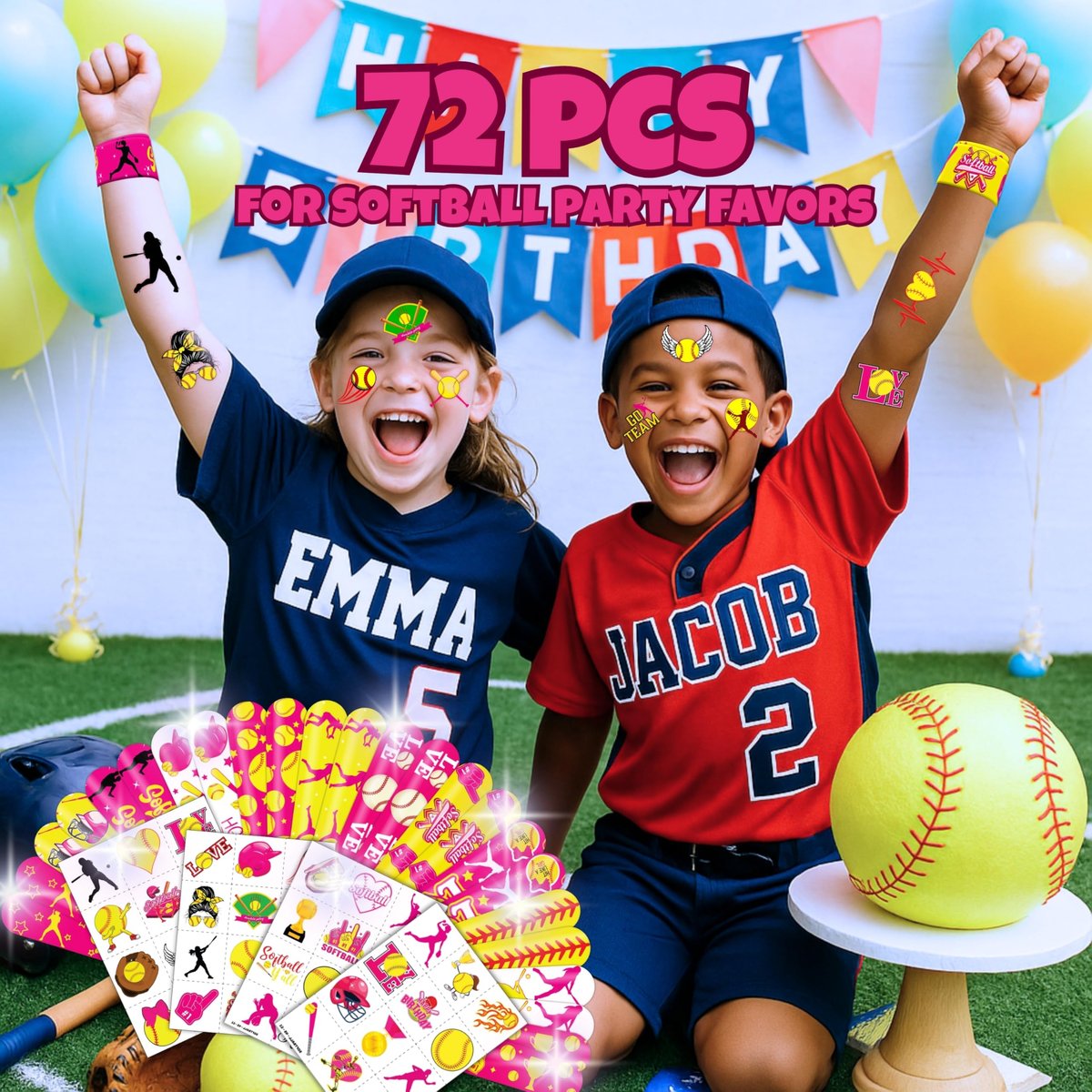 Cherisnowy 72-Piece Softball Party Set: Temporary Tattoos & Slap Bracelets for Sports-Themed Birthday, Baby Shower, Classroom Rewards, and Party Decor for Kids - görsel 7