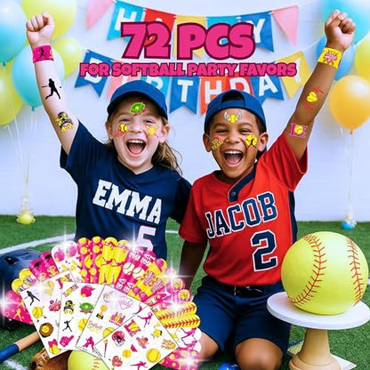 Cherisnowy 72-Piece Softball Party Set: Temporary Tattoos & Slap Bracelets for Sports-Themed Birthday, Baby Shower, Classroom Rewards, and Party Decor for Kids