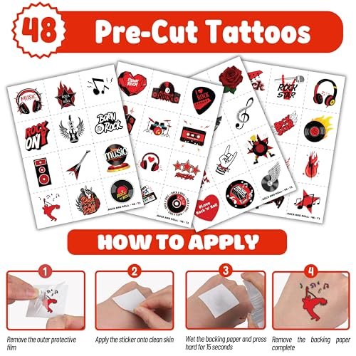 Cherisnowy 72-Piece Rock and Roll Party Set: 48 Temporary Tattoos & 24 Slap Bracelets for Music-Themed Birthdays, Baby Showers, Classroom Rewards, and Party Decor - görsel 10