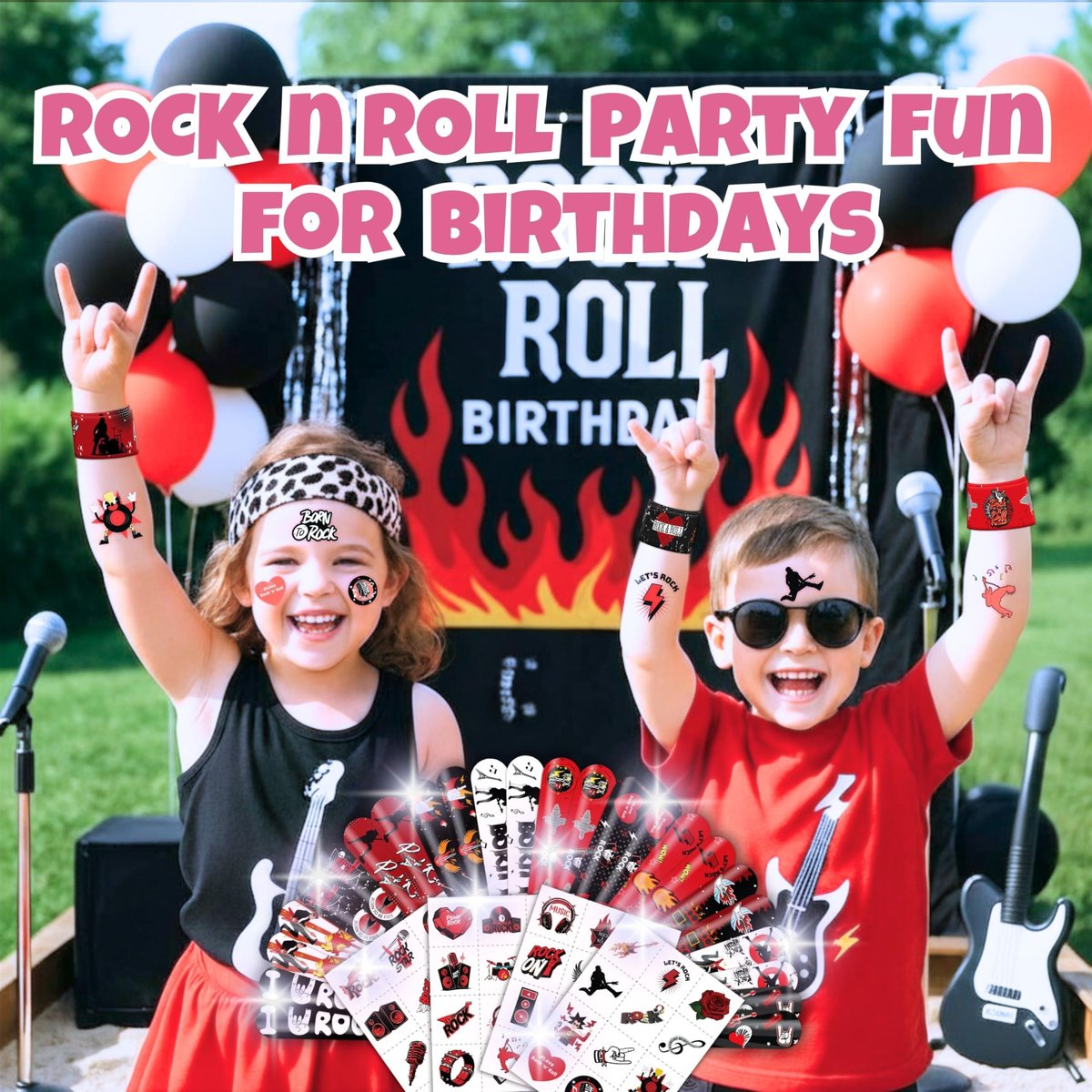 Cherisnowy 72-Piece Rock and Roll Party Set: 48 Temporary Tattoos & 24 Slap Bracelets for Music-Themed Birthdays, Baby Showers, Classroom Rewards, and Party Decor - görsel 3
