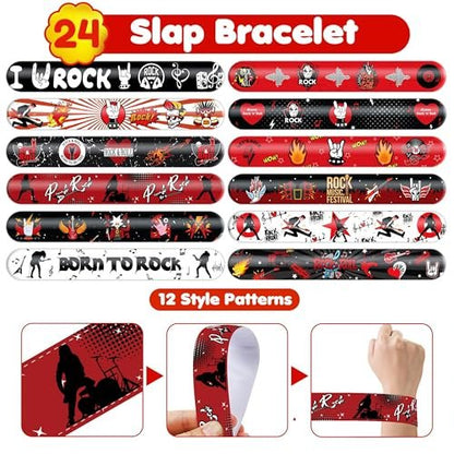 Cherisnowy 72-Piece Rock and Roll Party Set: 48 Temporary Tattoos & 24 Slap Bracelets for Music-Themed Birthdays, Baby Showers, Classroom Rewards, and Party Decor