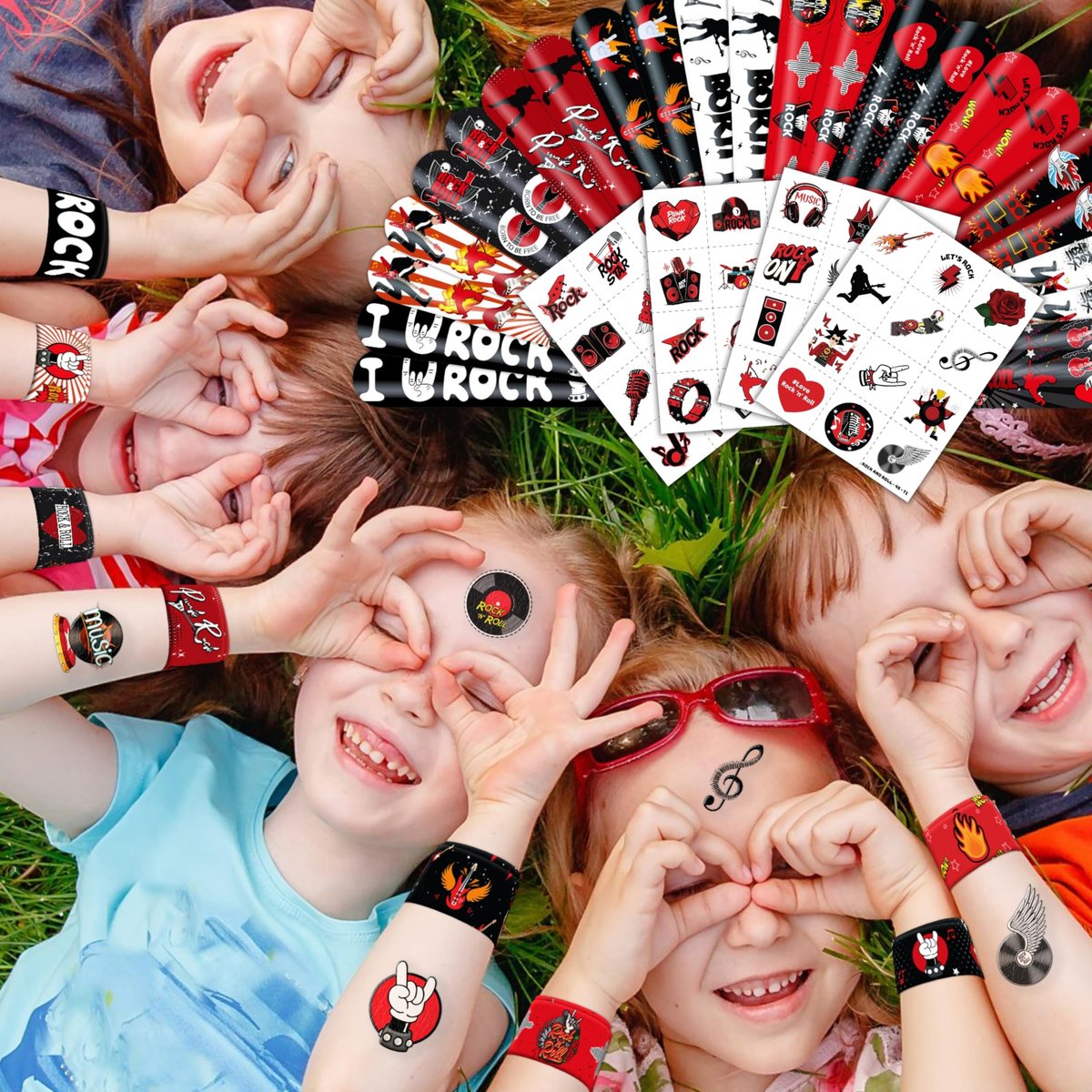 Cherisnowy 72-Piece Rock and Roll Party Set: 48 Temporary Tattoos & 24 Slap Bracelets for Music-Themed Birthdays, Baby Showers, Classroom Rewards, and Party Decor - görsel 13