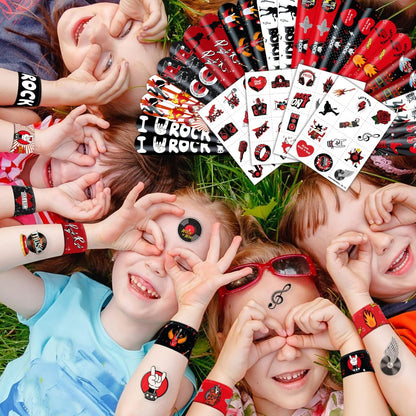 Cherisnowy 72-Piece Rock and Roll Party Set: 48 Temporary Tattoos & 24 Slap Bracelets for Music-Themed Birthdays, Baby Showers, Classroom Rewards, and Party Decor