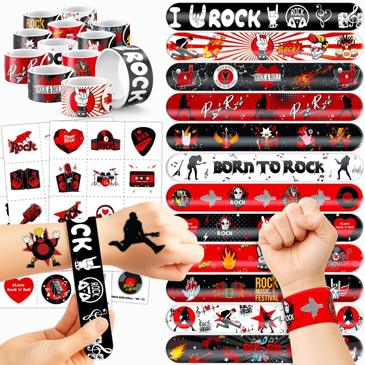 Cherisnowy 72-Piece Rock and Roll Party Set: 48 Temporary Tattoos & 24 Slap Bracelets for Music-Themed Birthdays, Baby Showers, Classroom Rewards, and Party Decor - görsel 1