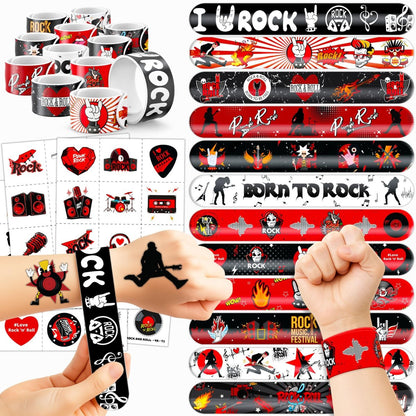 Cherisnowy 72-Piece Rock and Roll Party Set: 48 Temporary Tattoos & 24 Slap Bracelets for Music-Themed Birthdays, Baby Showers, Classroom Rewards, and Party Decor