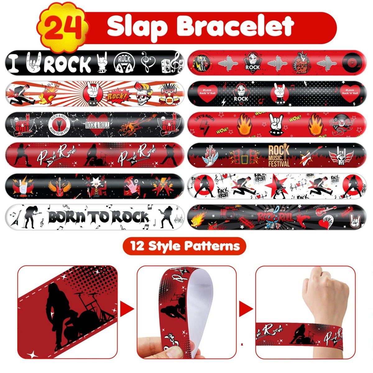 Cherisnowy 72-Piece Rock and Roll Party Set: 48 Temporary Tattoos & 24 Slap Bracelets for Music-Themed Birthdays, Baby Showers, Classroom Rewards, and Party Decor - görsel 11