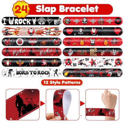 Cherisnowy 72-Piece Rock and Roll Party Set: 48 Temporary Tattoos & 24 Slap Bracelets for Music-Themed Birthdays, Baby Showers, Classroom Rewards, and Party Decor