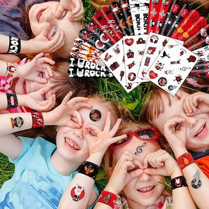 Cherisnowy 72-Piece Rock and Roll Party Set: 48 Temporary Tattoos & 24 Slap Bracelets for Music-Themed Birthdays, Baby Showers, Classroom Rewards, and Party Decor